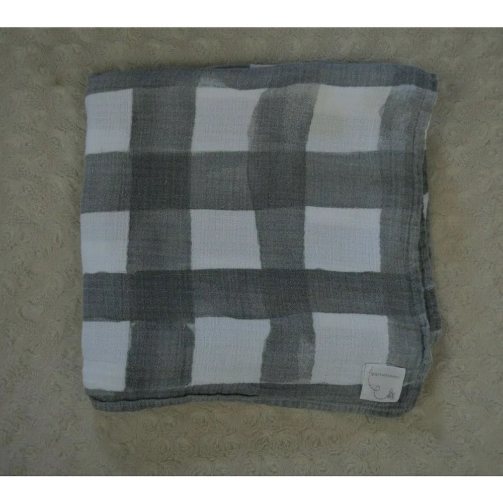 Burt's Bees Baby Gray Gingham Plaid Baby Swaddle Blanket White Muslin Organic